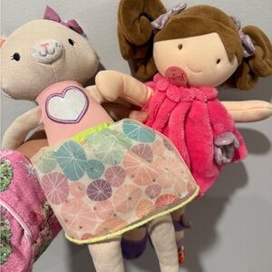 Adorable Plush Doll Set: Cat Ballerina & French Girl